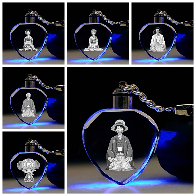 Móc Khóa Đèn LED Pha Lê Hình Hoạt Hình ONE PIECE Luffy Roronoa Zoro Chopper Cá Tính Bảy Màu