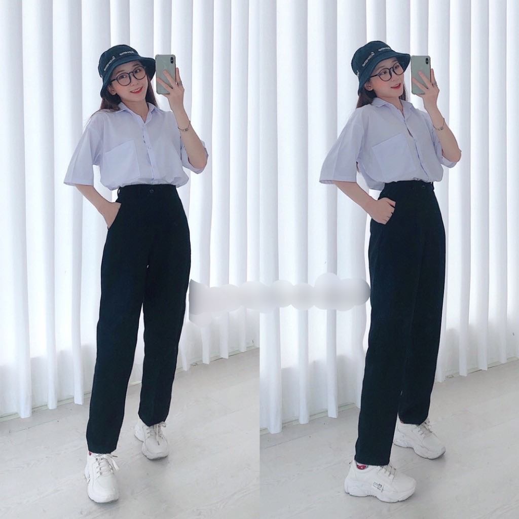 Quần tây baggy nữ đi học cạp cao xanh đen -  chất vải tuyết mưa - kiểu dáng quần Baggy trơn hiện đại đứng dáng dài