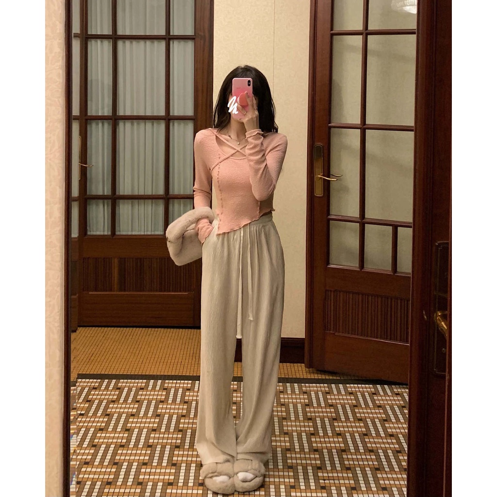 Áo Thun Ngắn Cổ Tròn Tay Dài Phong Cách Hàn Quốc Mới Cho Nữ