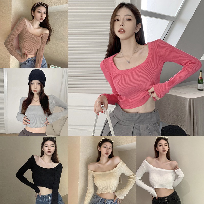 Áo Croptop Dệt Kim Tay Dài Màu Sắc Đơn Giản Phong Cách Hàn Quốc Cho Nữ