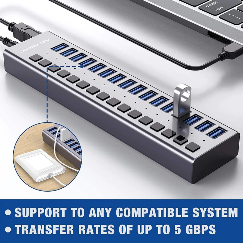 Bộ Chia USB 3.0 Có Nguồn Điện 16 Port 90W 12V/7.5A - USB Hub 3.0 Cho Ổ Cứng Di Động ACASIS HS-716MG
