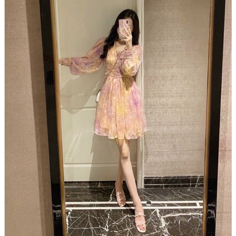 Jumpsuit/jump/đầm váy voan hoa tay dài đính nút ngọc, thời trang hot girl tiểu thư công chúa đi chơi dạo phố dự tiệc