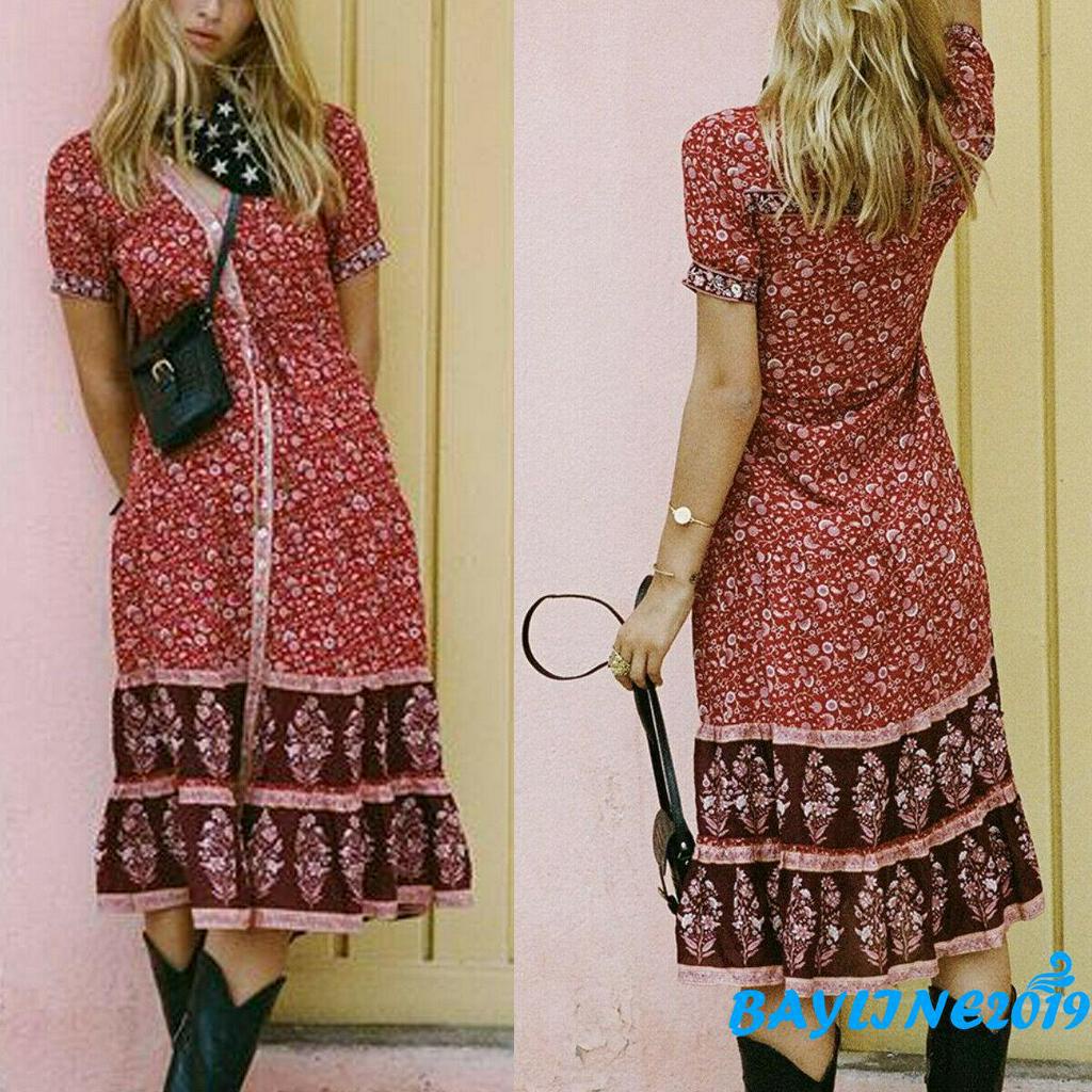 Đầm maxi dài không tay in hoa phong cách boho cho nữ