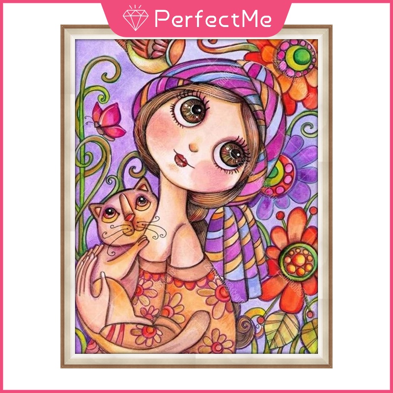 Bộ tranh đính đá 5D tự làm 30 X 40cm hình cô gái và mèo hoạt hình