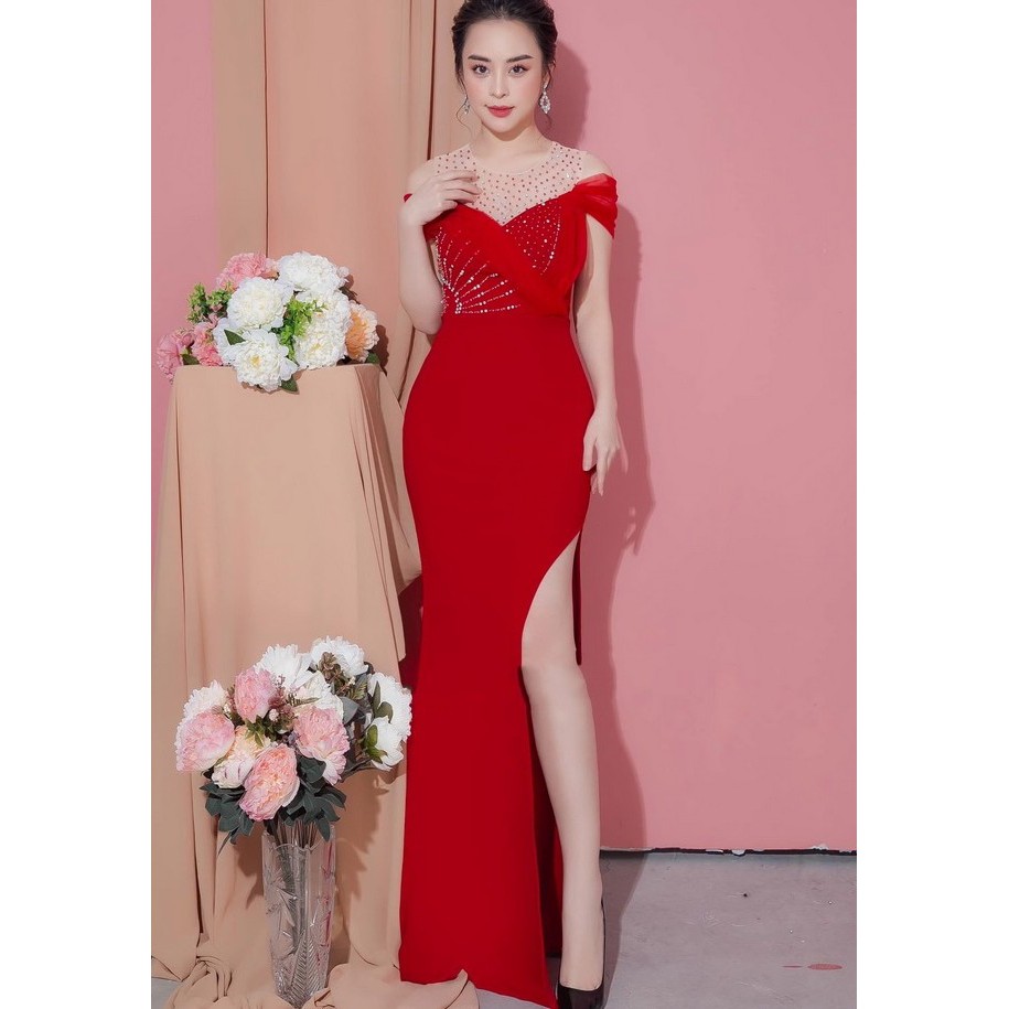Đầm dạ hội thiết kế cao cấp cúp ngực đính cườm trễ vai (có bigsize)