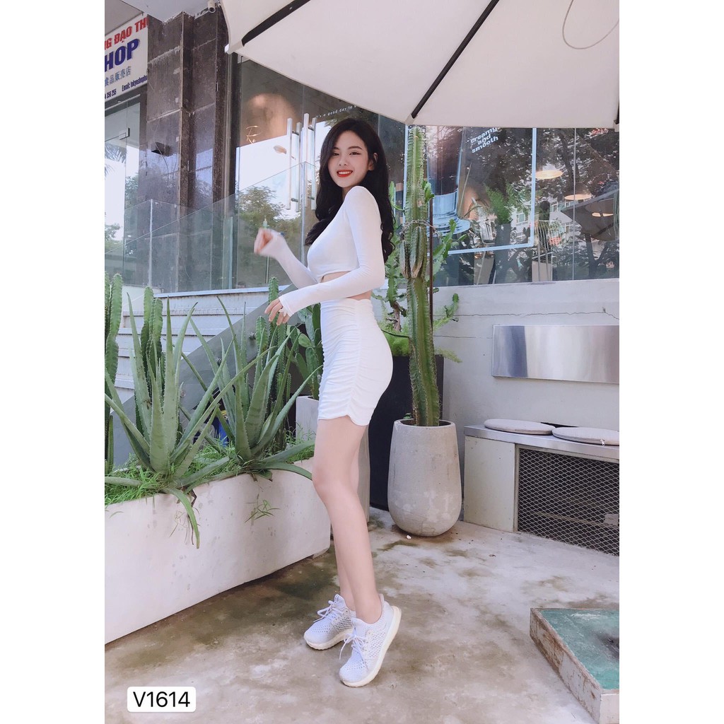 [Ken93] Đầm body trắng 💗 Đẹp DVC ❤️ Đầm body ôm xẻ eo lệch vai V1614 Freesize 54kg trở về