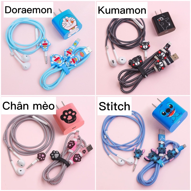 Bộ Combo Quấn Cáp Sạc Tai Nghe Hình Thú Chống Gãy Cáp Sạc