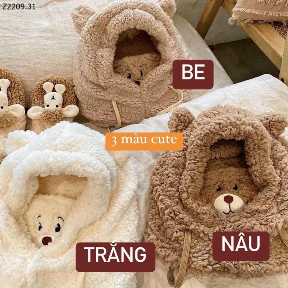 Mũ Len Lông Cừu Trùm Đầu Kèm Khẩu TrangFREESHIPNón Lông Cừu Hình Gấu Phong Cách Hàn Quốc