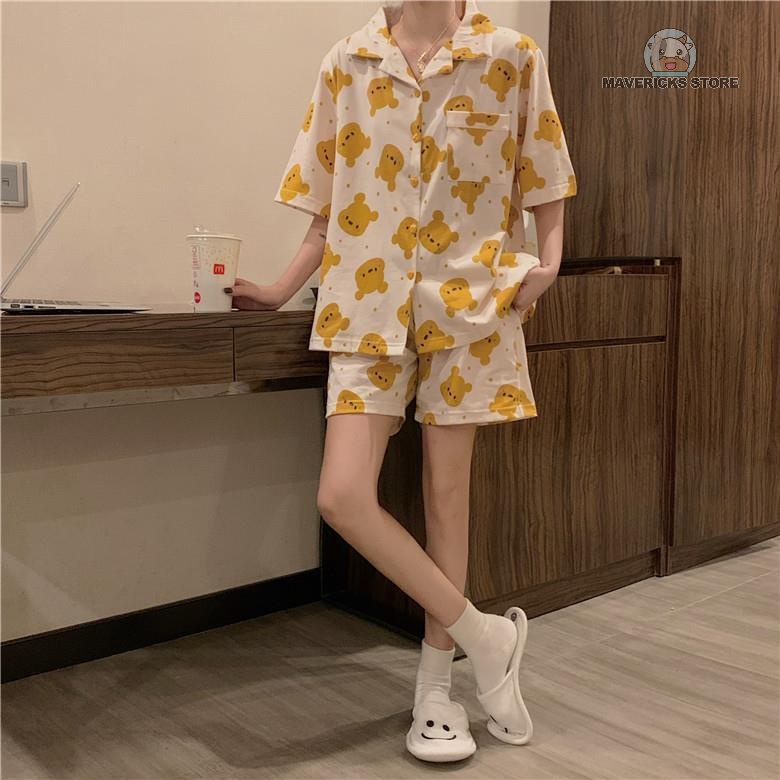 Bộ đồ ngủ ngắn tay in họa tiết gấu màu vàng kiểu Hàn Quốc mùa hè thoải mái đáng yêu dành cho nữ
