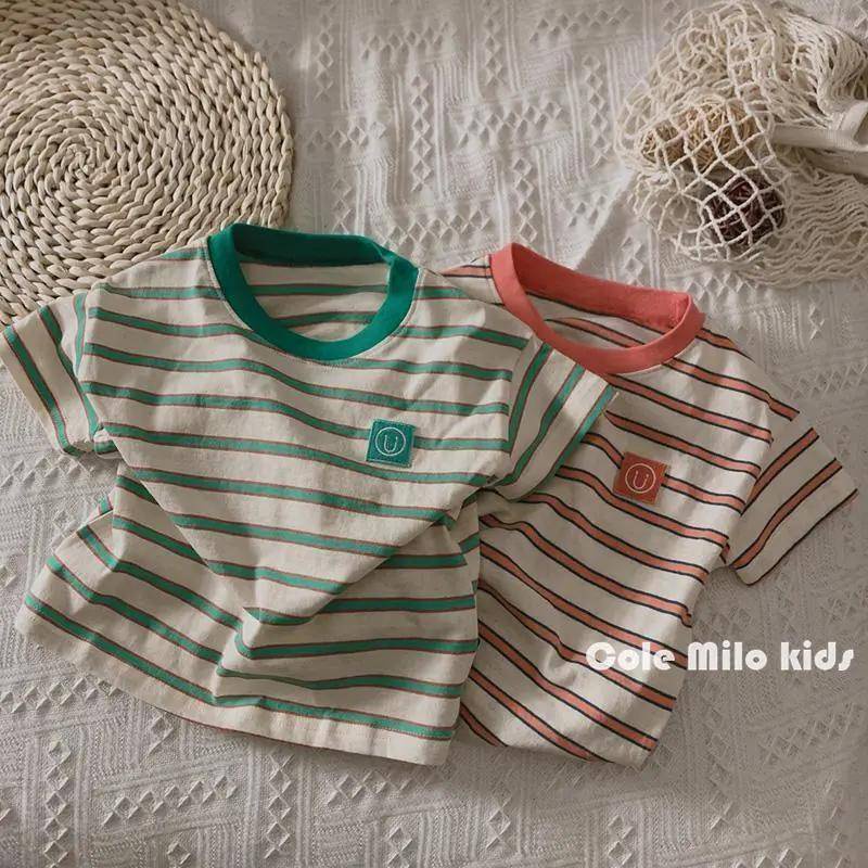 Áo Thun Tay Ngắn Cổ Tròn Bằng Vải Cotton Lanh Họa Tiết Kẻ Sọc Thời Trang Mùa Hè Thoải Mái Dễ Phối Đồ Cho Bé Trai Gái