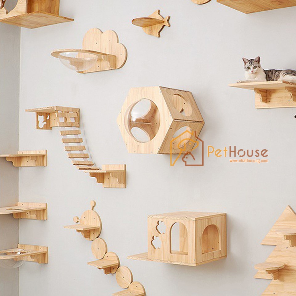 Khu vui chơi liên hoàn cho mèo 6 chi tiết chất liệu gỗ thông tự nhiên pethouse