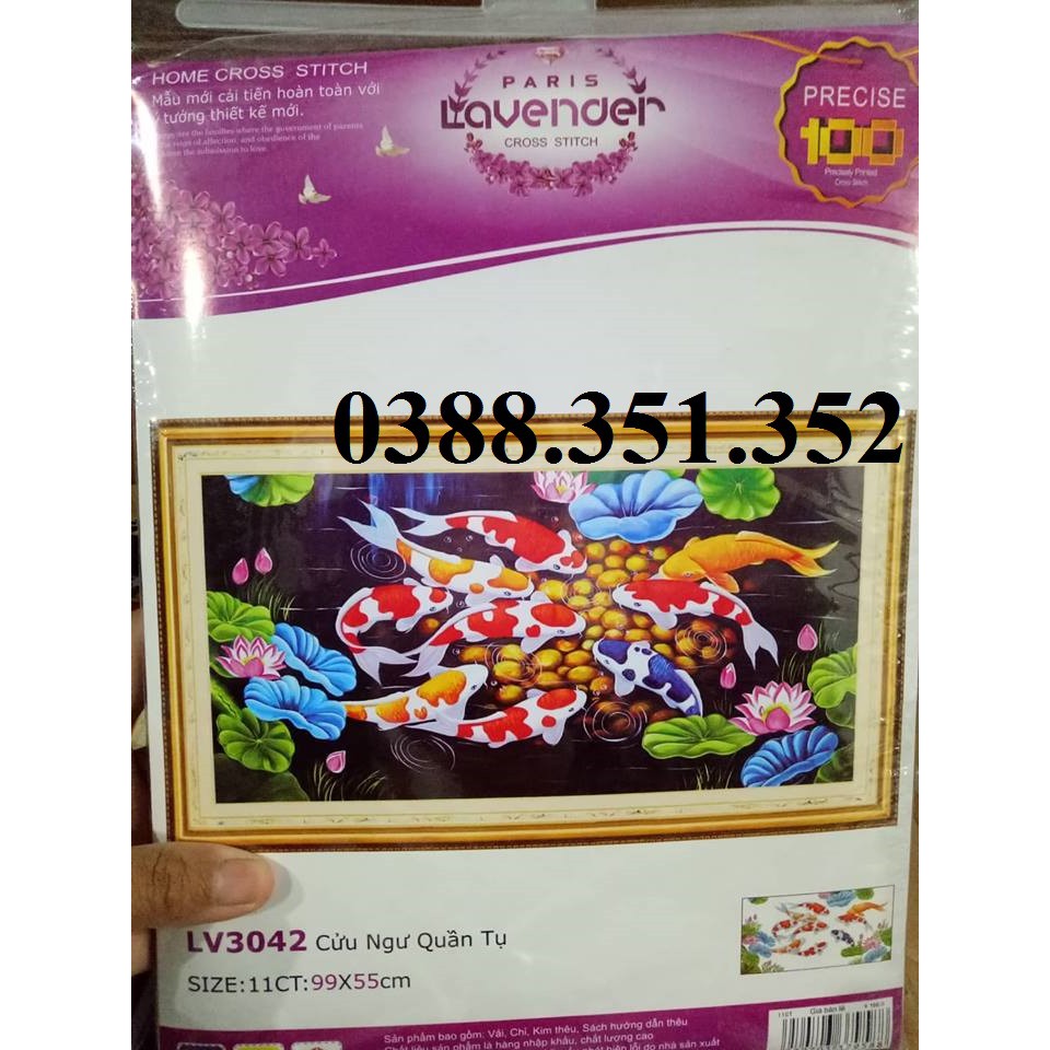 tranh thêu chữ thập cá chép hoa sen kt 99x55cm