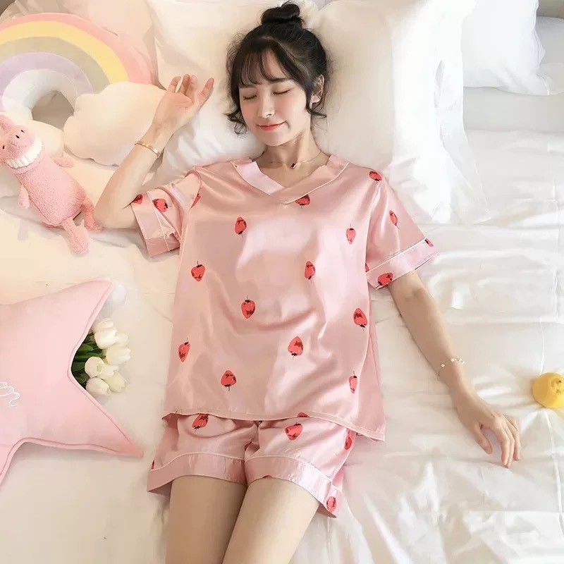 Bộ Ngủ NữFREESHIPBộ Ngủ Lụa Đồ Ngủ Dễ Thương Pijama Lụa Đùi Cộc Quảng Châu Mềm, Mịn, Sang Chảnh AN50