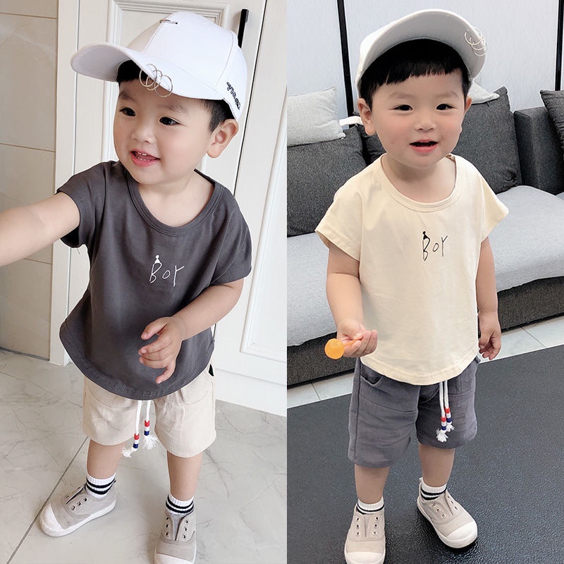Set đồ mùa hè 2 món gồm áo tay ngắn 95% Cotton màu trơn + quần ngắn thời trang cho bé trai
