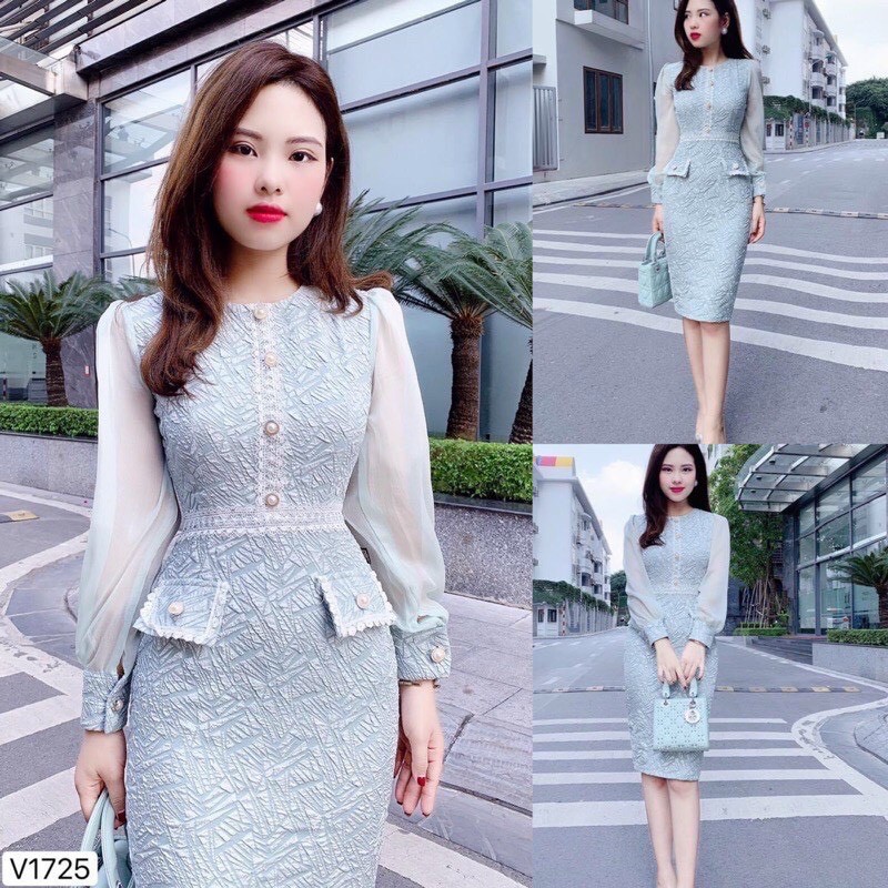 Váy Thiết kế Body Xanh Ngọc Bích phối tay dài chất tơ mịn Đầm tiểu thư Mẫu mới 2021