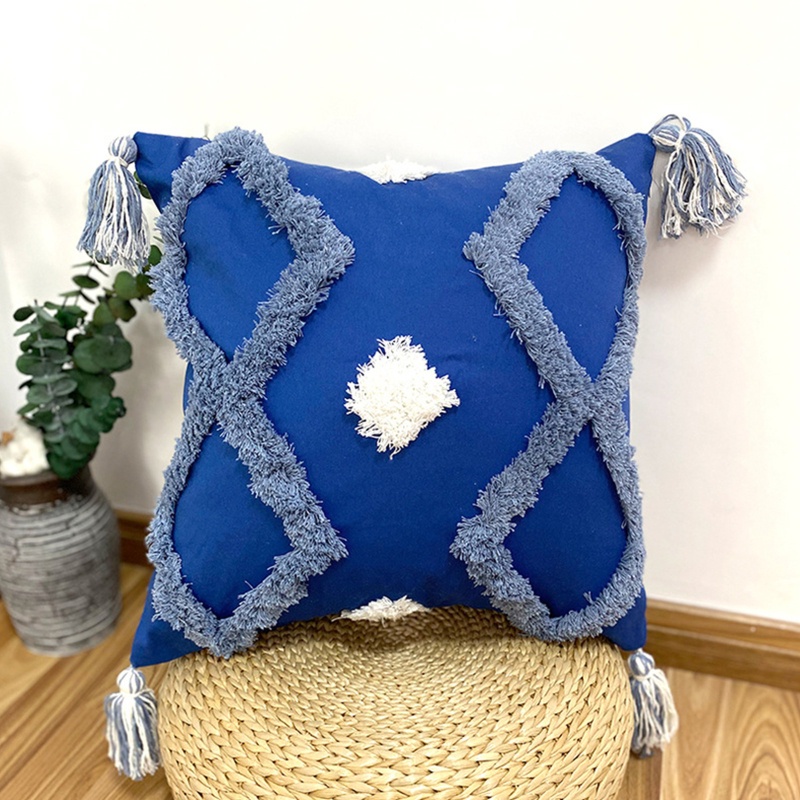 Xiangbao Vỏ Gối Dệt Kim Họa Tiết Kim Cương Hình Học Màu Trắng Xanh Lam Phối Tua Rua Trang Trí Zig Zag Phong Cách Boho