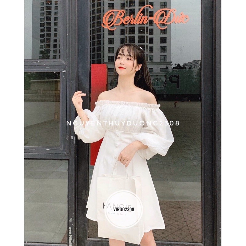 [Ảnh thật/Video]Váy Fanci trễ vai cúc bọc tiểu thư