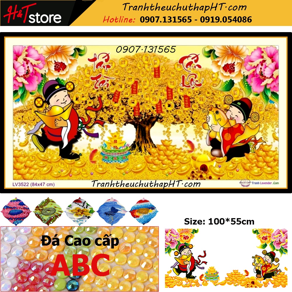 Tranh đính đá tự làm - Tranh thêu chữ thập Tấn tài tấn lộc LV3522, LV3497, LV522, LV517: 120*65cm - tự đính