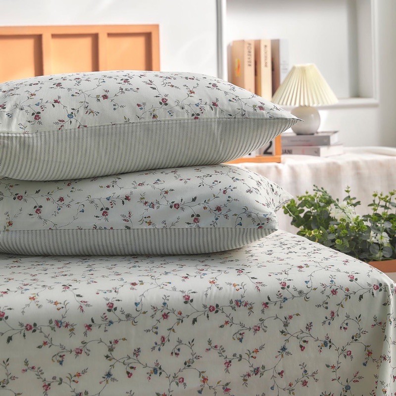 Ga gối cotton 100% hoa nhí vintage, set 3 món Suhali Shop gồm ga giường và 2 vỏ gối