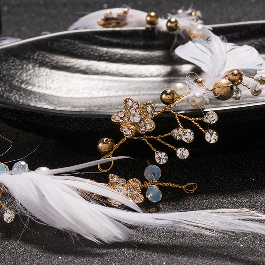 Băng đô đính ngọc trai giả và lông sang trọng thanh lịch phong cách Hàn Quốc cho cô dâu