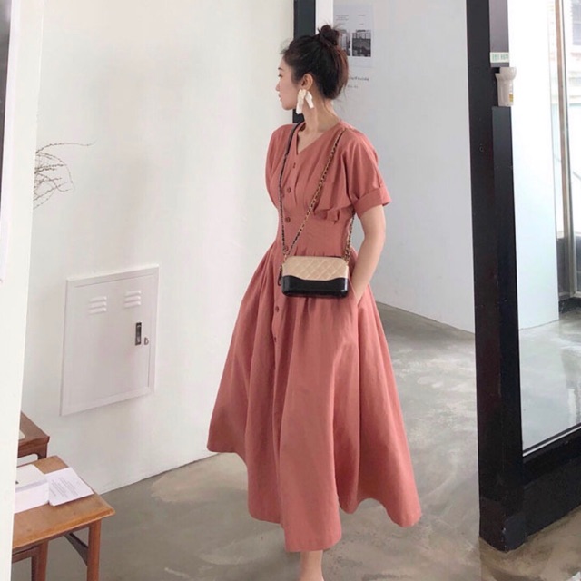Đầm hồng ruốc xếp li form dài (kèm hình thật) | BigBuy360 - bigbuy360.vn