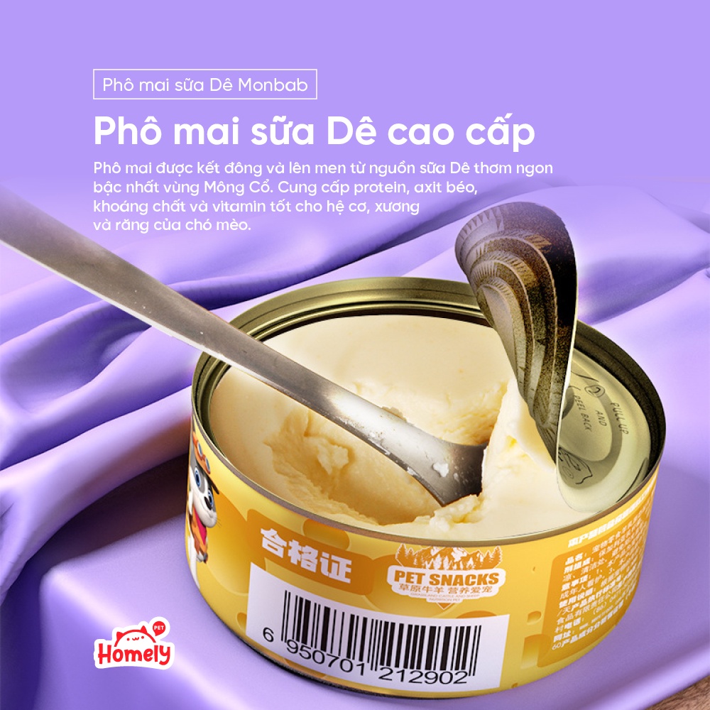 Phô mai cho mèo Monbab lên men từ sữa dê mềm mịn thơm ngon bổ sung canxi lon 175G Homely Pet