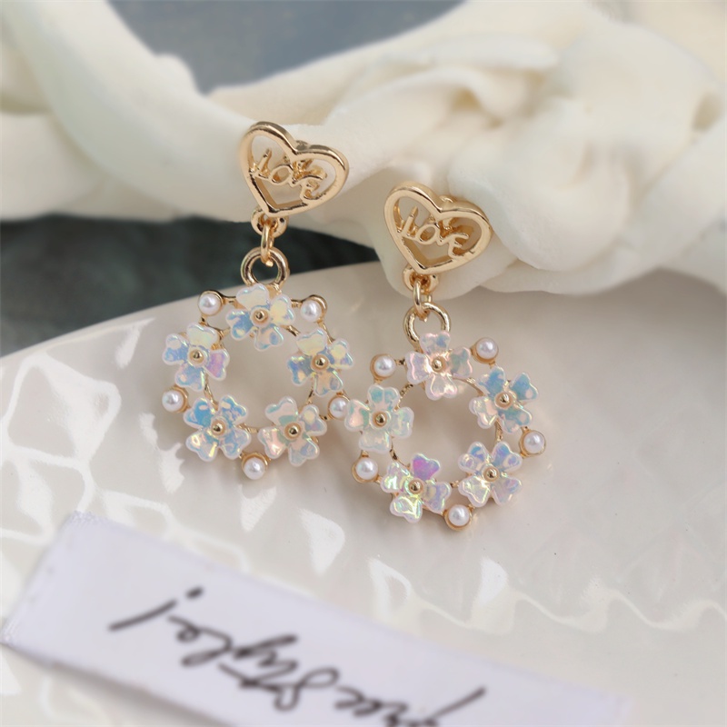 Khuyên tai kẹp không bấm lỗ chốt cố định K066 bằng hợp kim mạ vàng hình tròn bông hoa đính hạt trai dáng midi Leous