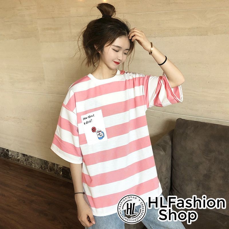 Áo thun tay lỡ Unisex form rộng sọc ngang HOW ABOUT A DRINK, áo phông rộng size HLFashion