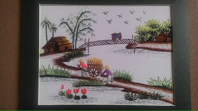Tranh thêu tay đồng quê xe bò DQ003