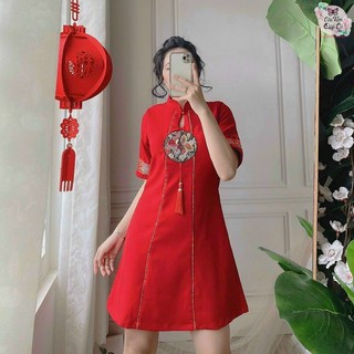 HAODI DRESS - ĐẦM KIỂU ÁO DÀI CÁCH TÂN ĐẮP HOA THÊU KÈM TUA RUA - HÌNH CHỤP THẬT