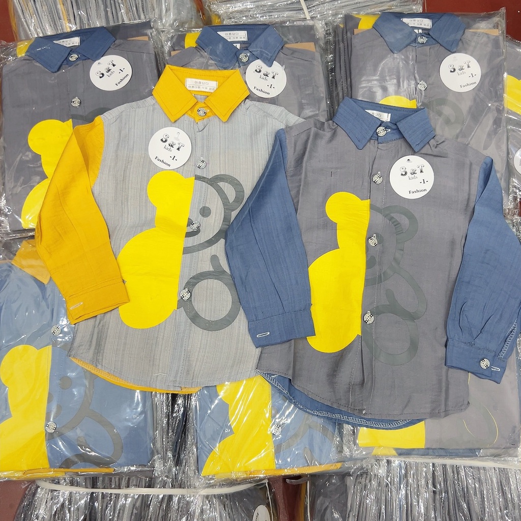 AT12 - Áo sơ mi bé trai, áo sơ mi đũi dài tay in gấu cho bé trai từ 8-20kg
