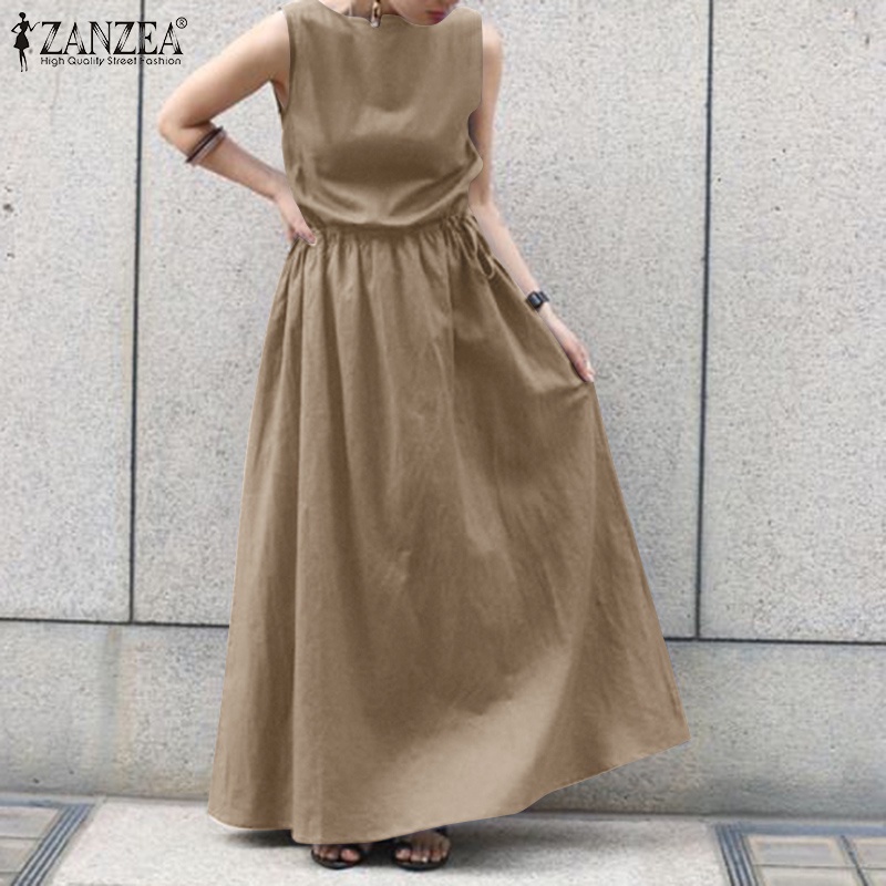 Đầm dài Zanzea dáng chữ A không tay cổ tròn thời trang Hàn Quốc dành cho nữ