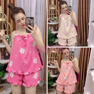 Đồ bộ mặc nhà, đồ bộ kiểu áo 2 dây in họa tiết hình gấu, chất satin cực đẹp giá rẻ, freesize