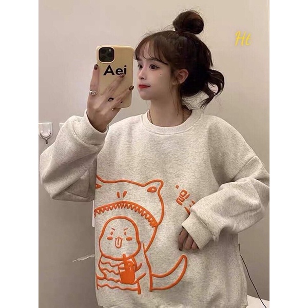 Áo nỉ cổ tròn xám gấu cam H2