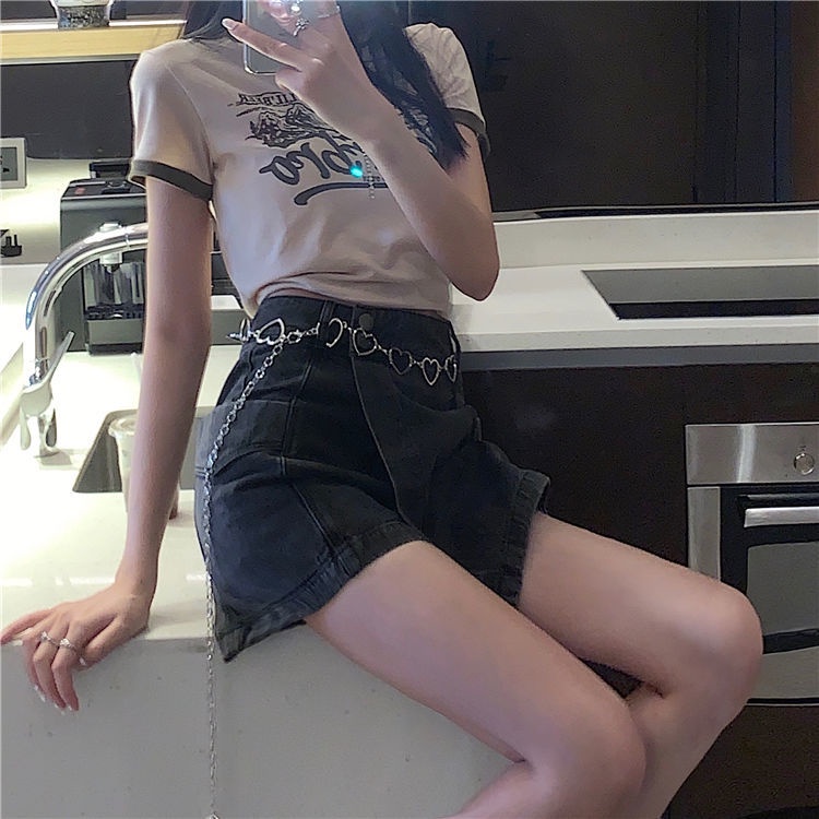 Lrregular denim culottes mùa hè mới retro eo cao váy chữ A váy hông nhỏ
