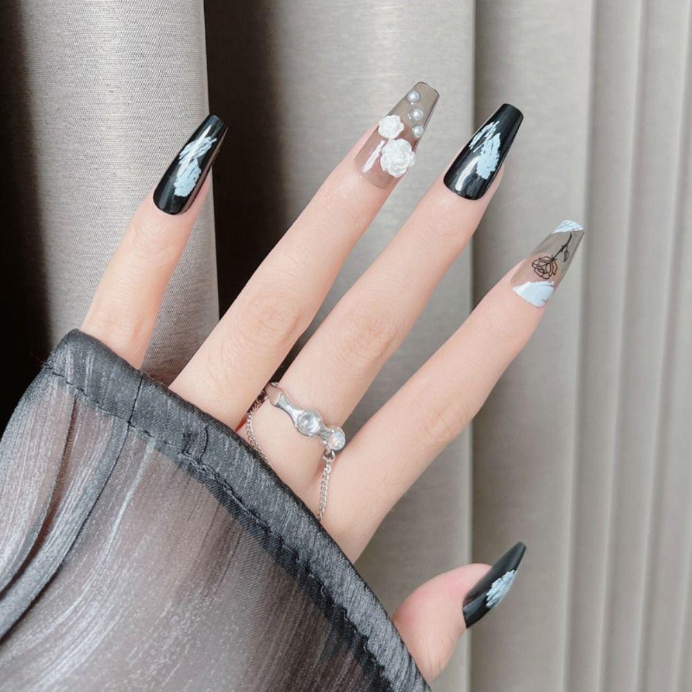 Set 24 Móng Tay Giả Màu Đen Gợn Sóng|Bộ Móng Tay Giả Trang Trí Nghệ Thuật