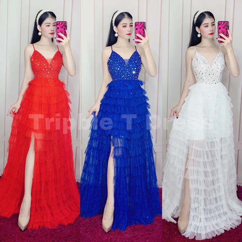 Đầm maxi 2 dây xếp xếp tâng kết kim sa sang trọng xẻ đùi TRIPBLE T DRESS - SIZE M/L - MS268V