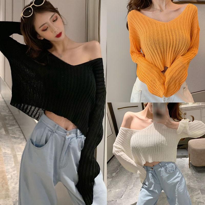 Áo len dệt kim tay dài mỏng màu trơn cổ chữ V quyến rũ dành cho nữ