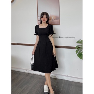 ĐẦM MIDI CỔ U XẾP LY EO TAY BỒNG