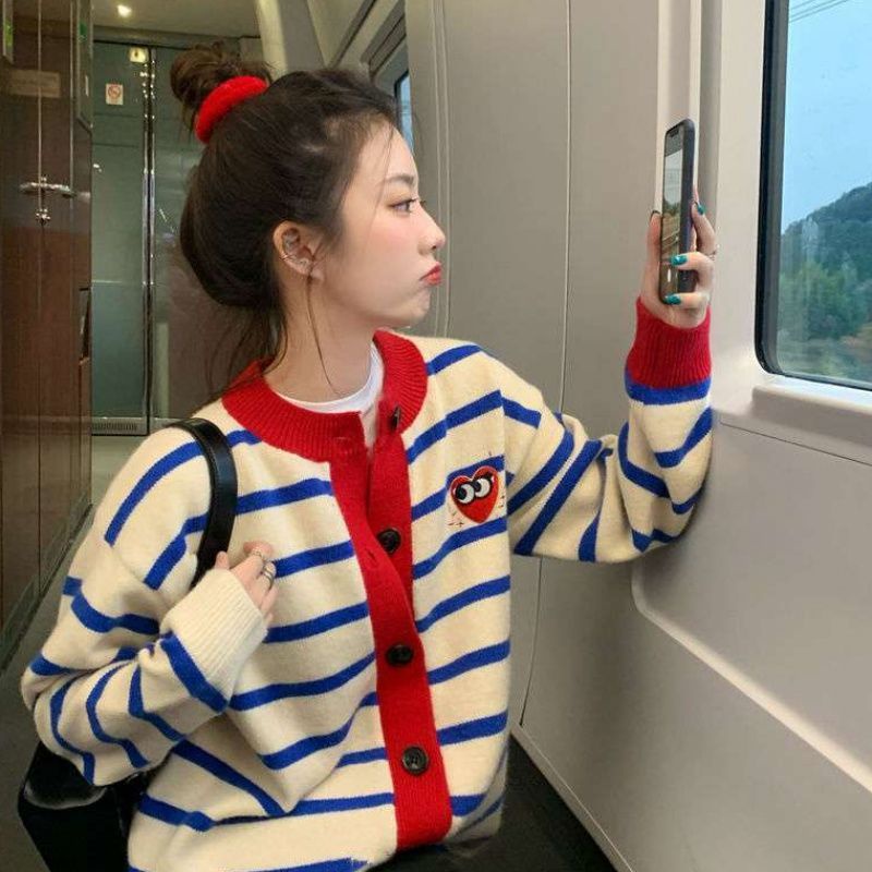 Áo khoác Cardigan dệt kim dáng rộng màu sắc tương phản phong cách Hàn Quốc cho nữ