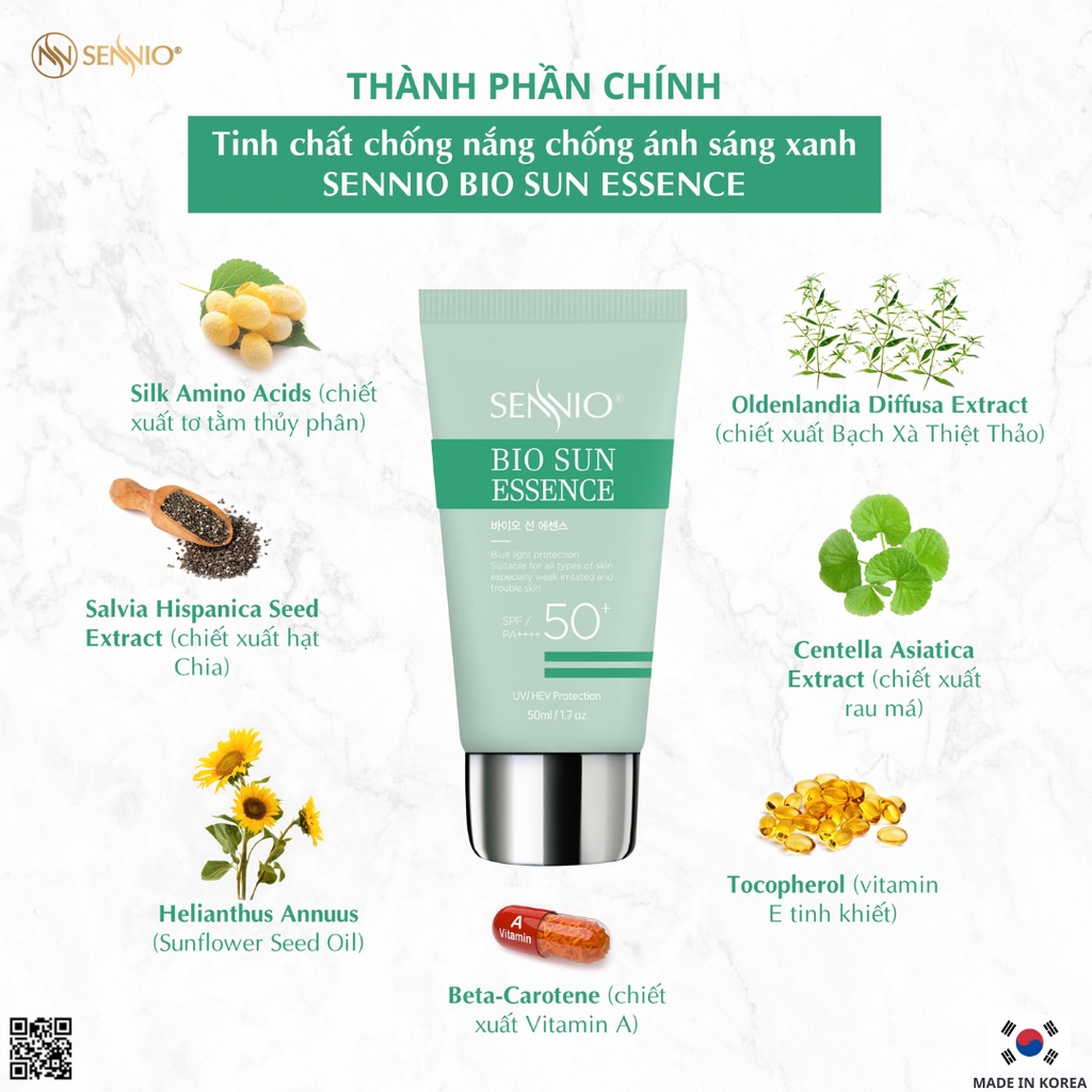 Tinh chất chống nắng, chống ánh sáng xanh, kiềm dầu 24h Sennio Bio Sun Essence 50ml kem chống nắng bảo vệ da ngừa thâm