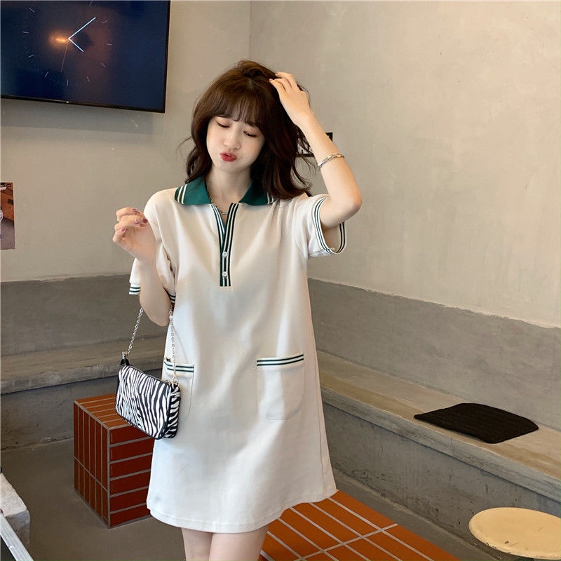 Đầm Thun Thể Thao Tay Ngắn Cổ Polo Phong Cách Hàn Quốc Mới
