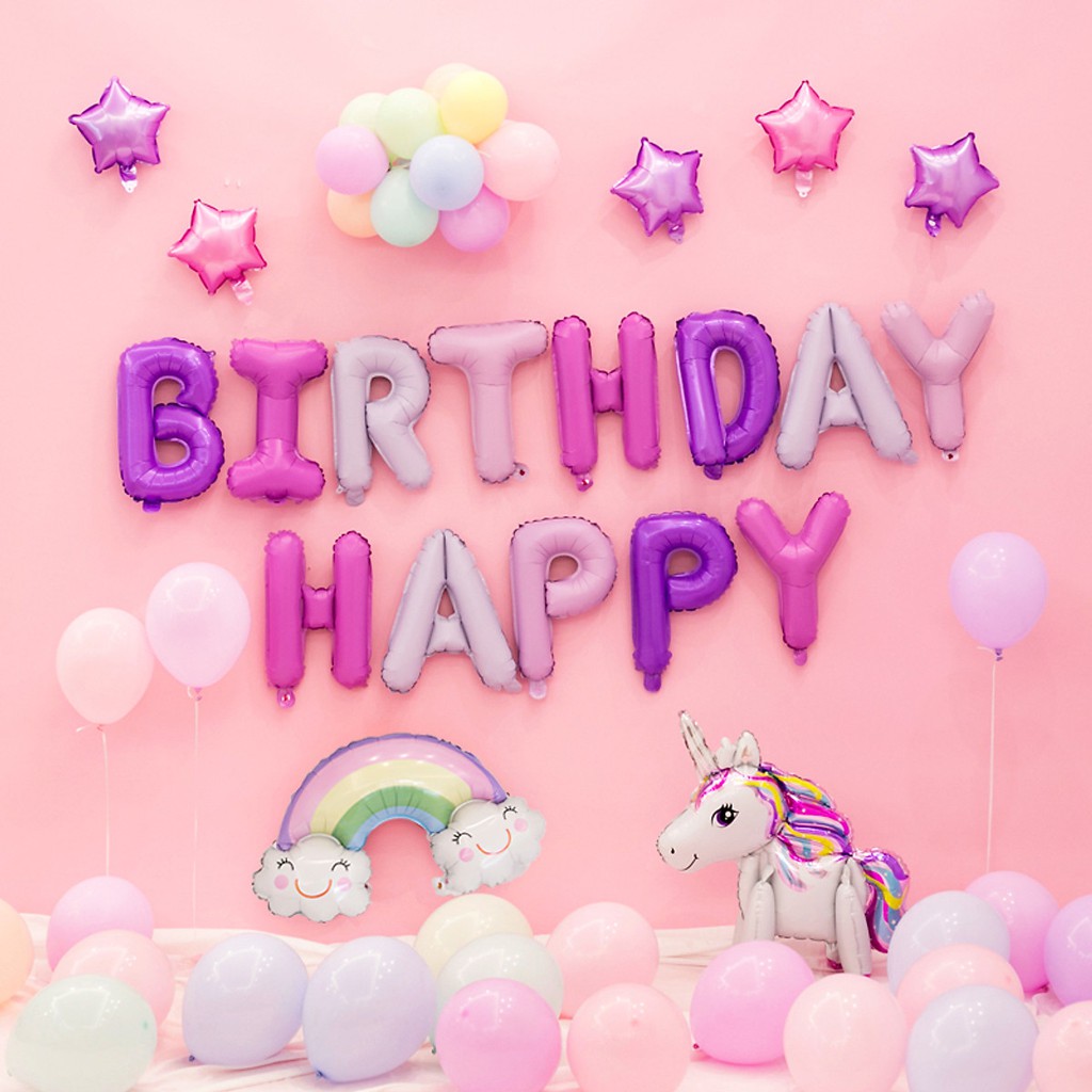 Set bóng trang trí sinh nhật cho bé gái hình chú Pony, cầu vòng mây theo combo