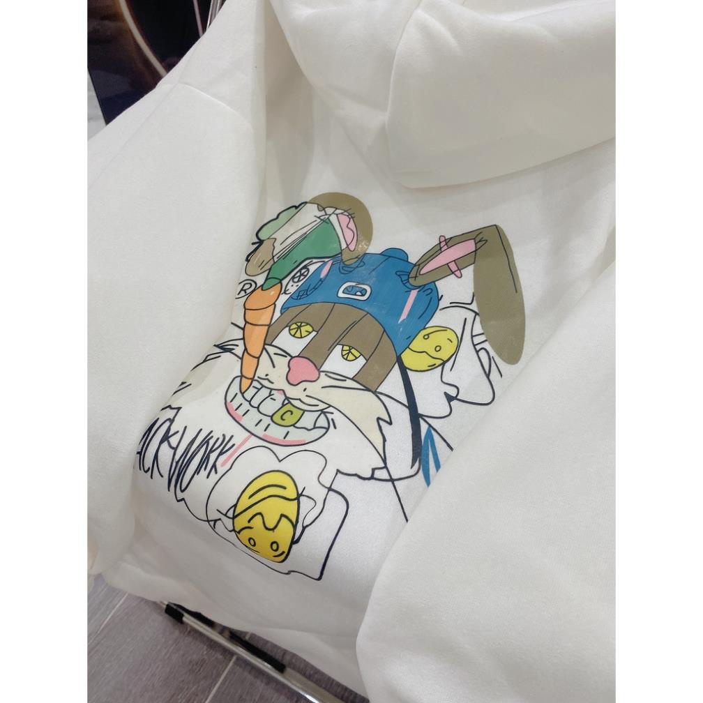 Hoodie Dáng Rộng Mũ To 2 Lớp Tay bồng hình Thỏ In 2 Mặt Nam nữ Unisex Basic