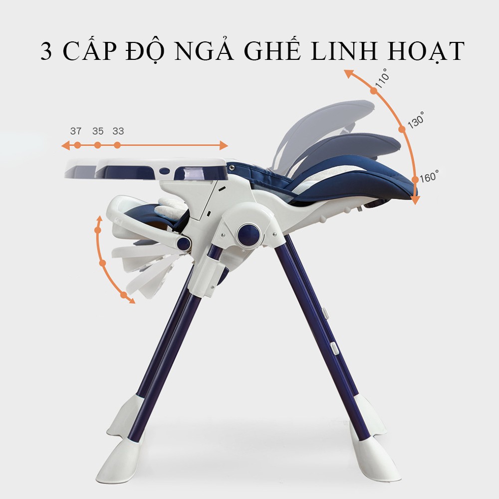 Ghế ăn dặm cao cấp 5 cấp độ điều chỉnh độ cao, 3 cấp độ ngả ghế, bàn ăn 2 chế độ dễ dàng đi chuyển với bánh xe TẶNG ĐỆM