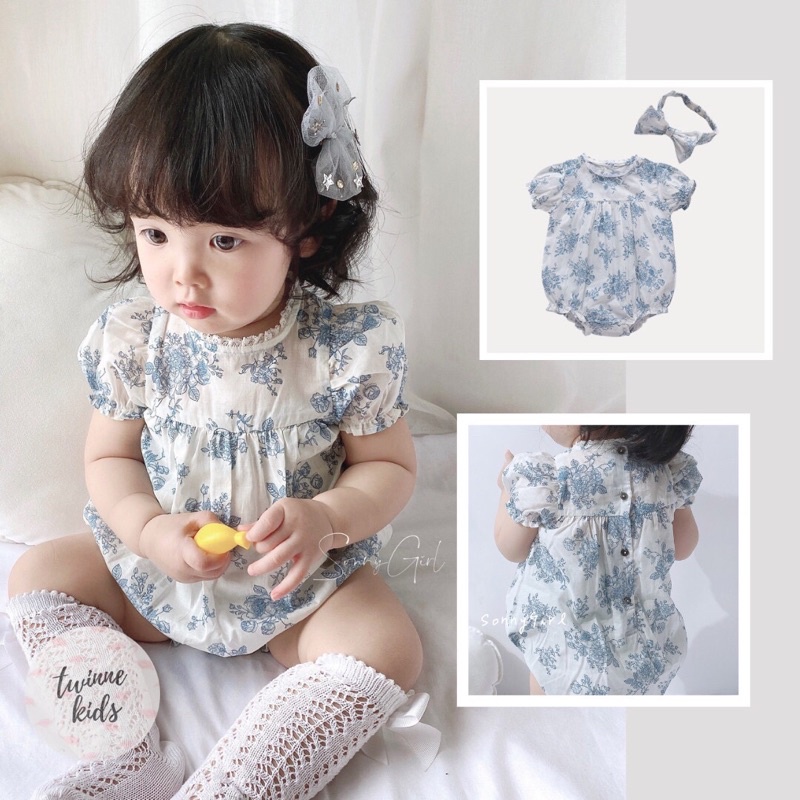 [Blue Floral] Bộ liền thân họa tiết hoa xanh kèm turban , romper sơ sinh chất liệu cotton xô mềm mại bé gái 3-24 tháng