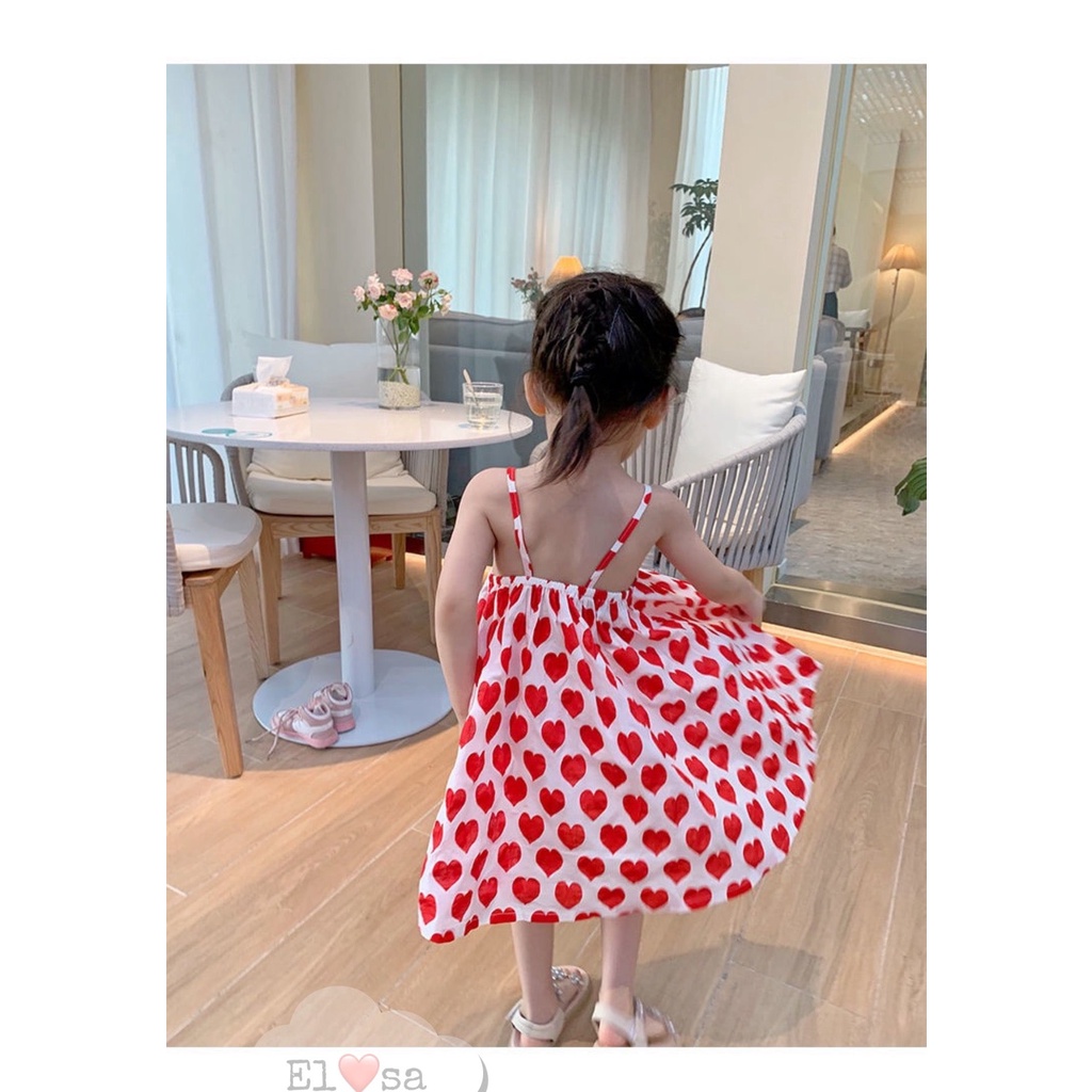 Váy bé gái - Váy 2 dây hoa tím, tim đỏ Vải đũi mềm mát thấm hút mồ hôi siêu xinh cho bé từ 1-5 Tuổi