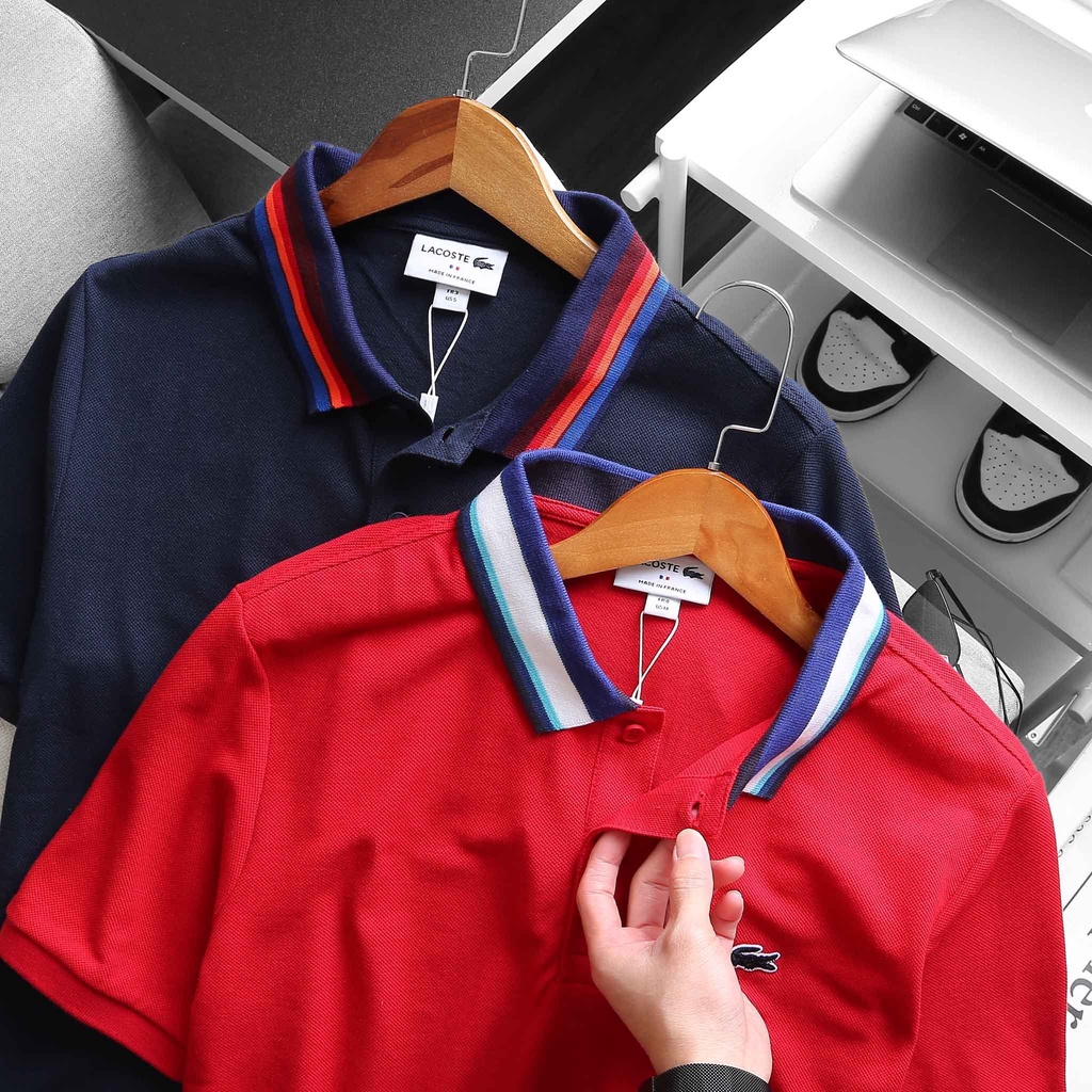 Áo Polo Nam LACOSTE FRANCE Viền Phối Cổ Logo Xanh Dương - vải da cá sấu Full Tag Tem Code Form SlimFit