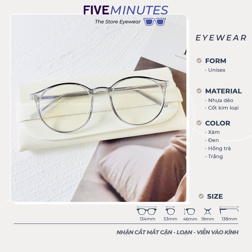 Gọng kính cận nam nữ, form tròn kết hợp nhựa dẻo cốt kim loại chắc chắn 8243 Fiveminutes Unisex Nam nữ
