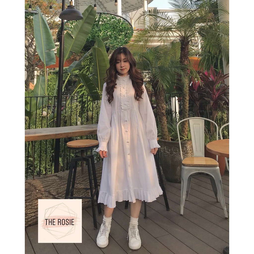 Váy babydoll trắng dáng dài, tay dài công chúa bánh bèo | BigBuy360 - bigbuy360.vn